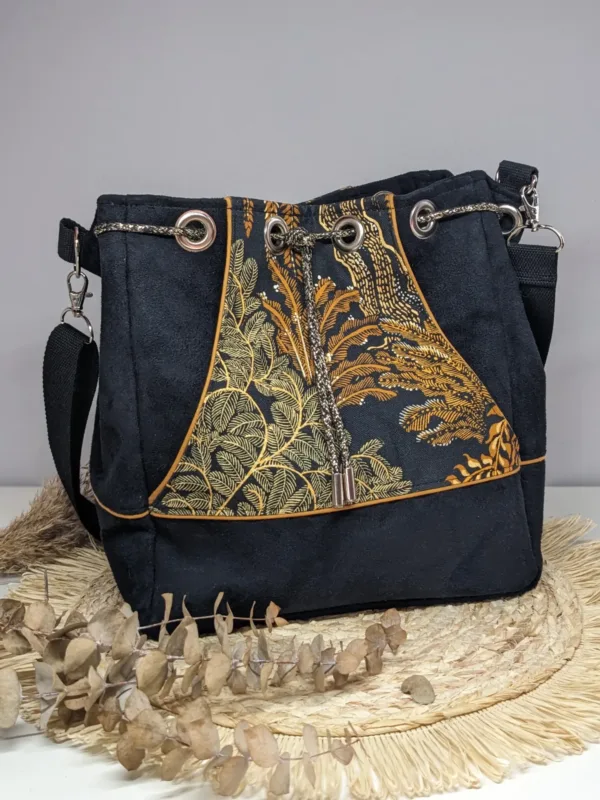 Sac à main seau noir imprimé floral "Automne"