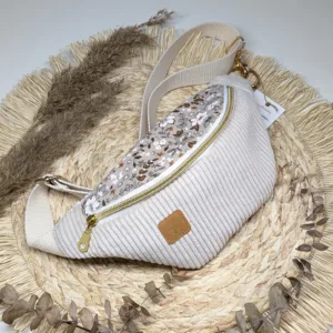 Sac banane enfant fleurs velours beige, fait main en gironde. Accessoire enfant. Sac banane enfant fleuri et velours