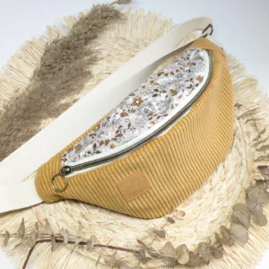 Sac banane fleurs velours moutarde, fait main en gironde. Accessoire femme