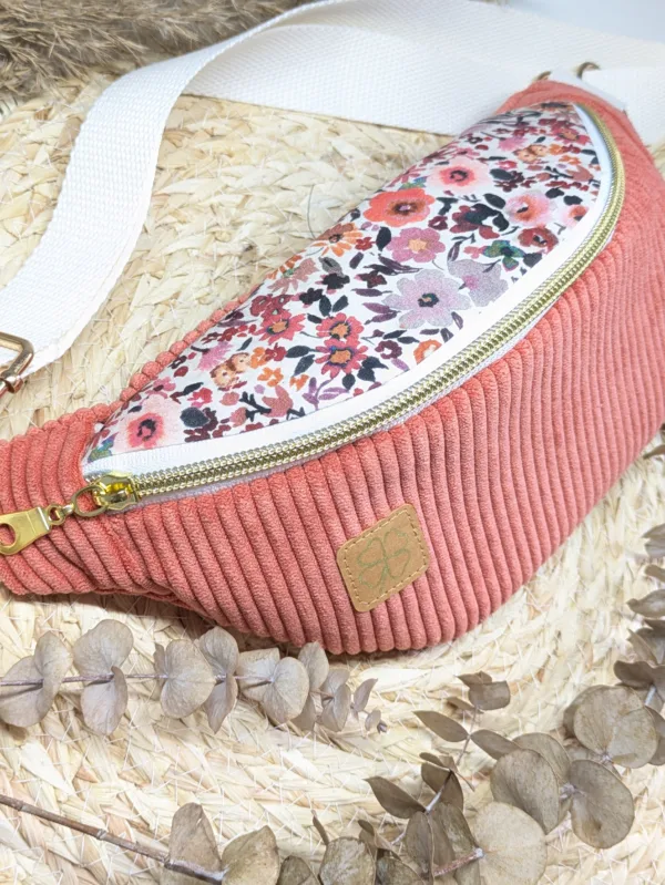 Sac banane ENFANT - velours corail fleurs corail rose