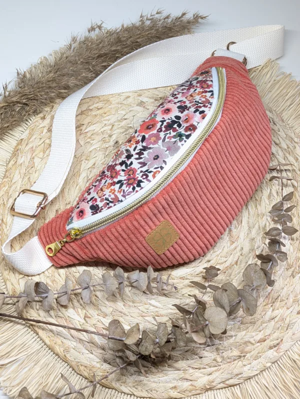 Sac banane ENFANT - velours corail fleurs corail rose