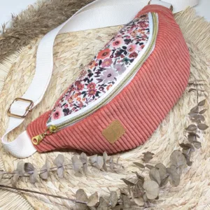 Sac banane ENFANT - velours corail fleurs corail rose