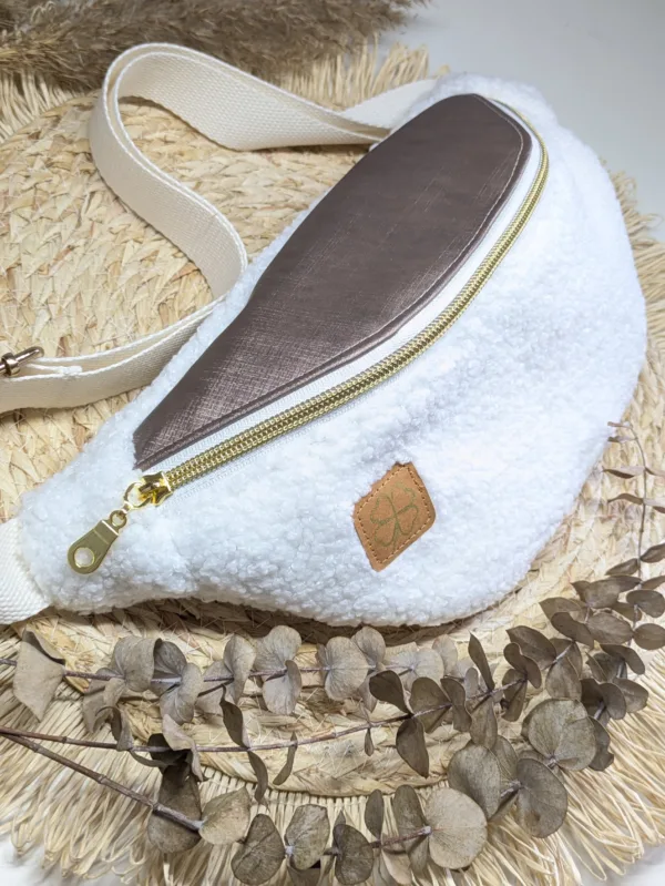 Sac banane bi matière - blanc moumoute taupe marron