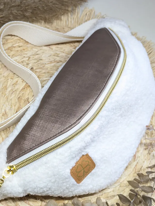 Sac banane bi matière - blanc moumoute taupe marron