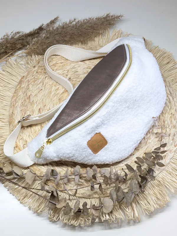 Sac banane bi matière - blanc moumoute taupe marron