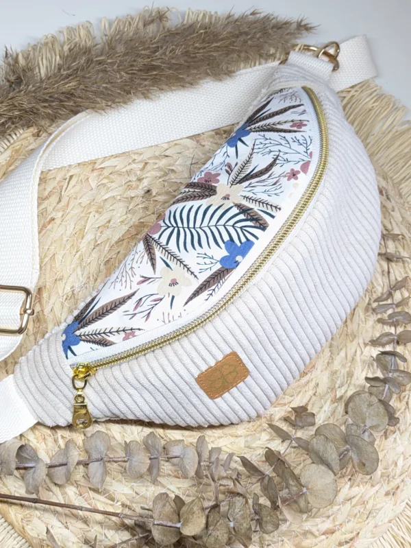 Sac banane ENFANT - velours beige fleurs beige marron bleu