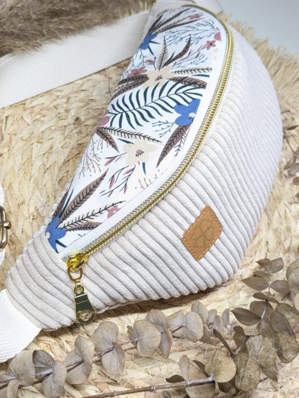 Sac banane ENFANT - velours beige fleurs beige marron bleu