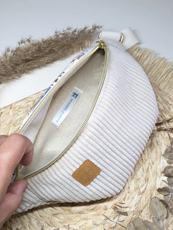Sac banane ENFANT - velours beige fleurs beige marron bleu