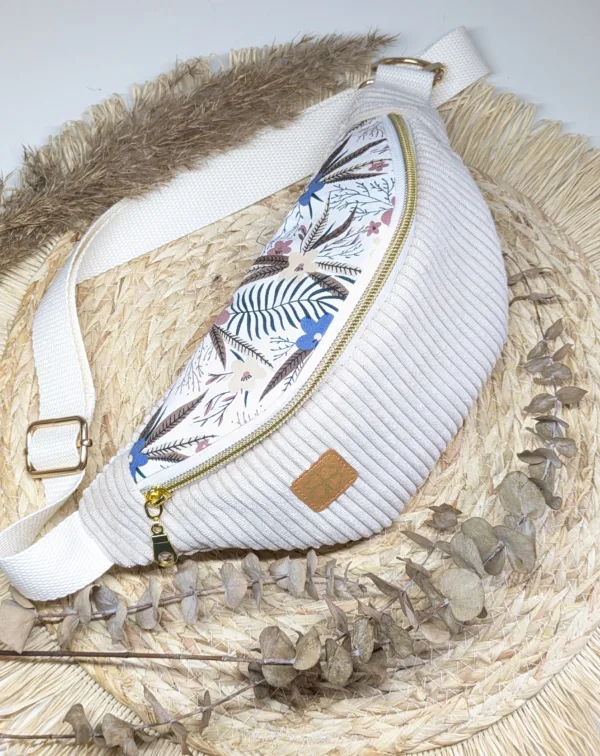 Sac banane ENFANT - velours beige fleurs beige marron bleu