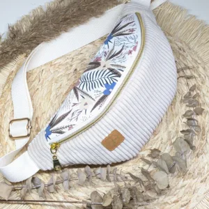 Sac banane ENFANT - velours beige fleurs beige marron bleu