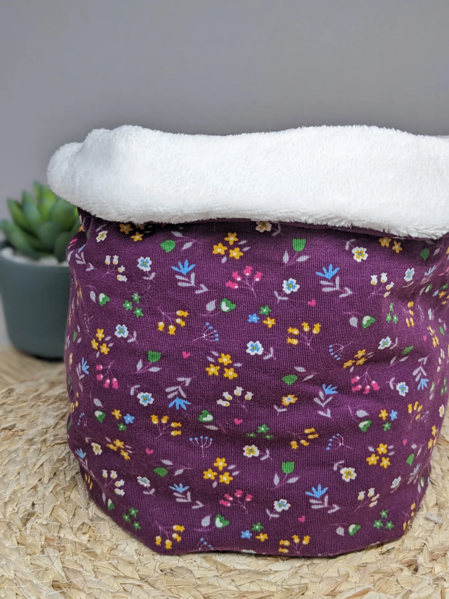 Tour de cou, Snood enfant - Fleurs fond prune - Fait main – Image 2