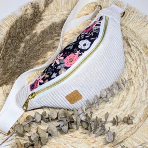 Sac banane velours côtelé beige enfant fleuri
