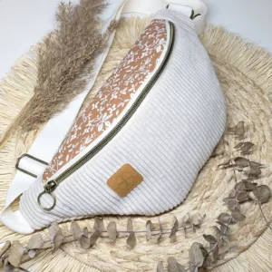 Sac banane fleurs moutarde velours côtelé beige
