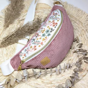 Sac banane enfant fleurs velours côtelé vieux rose