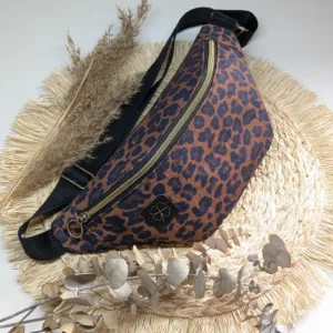 Sac banane artisanal Léopard marron , fermeture éclair en métal et sangle réglable noir, fait main