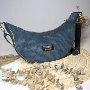 Sac demi lune velours côtelé bleu foncé liseré marron, chic, tendance. Alternative au sac banane. Sac à main femme