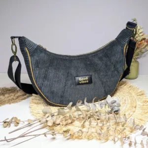 Sac demi lune velours côtelé noir liseré marron, chic, tendance. Alternative au sac banane. Sac à main femme