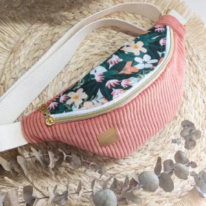 Sac banane enfant Fleurs vertes VELOURS côtelé Vieux rose