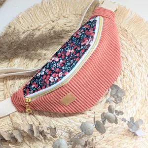 Sac banane enfant velours côtelé corail fleurs fond bleu
