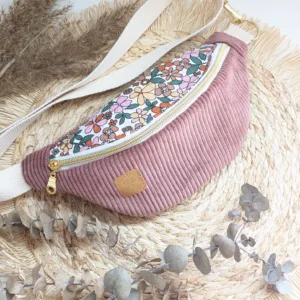 Sac banane enfant velours vieux rose fleurs Kaki