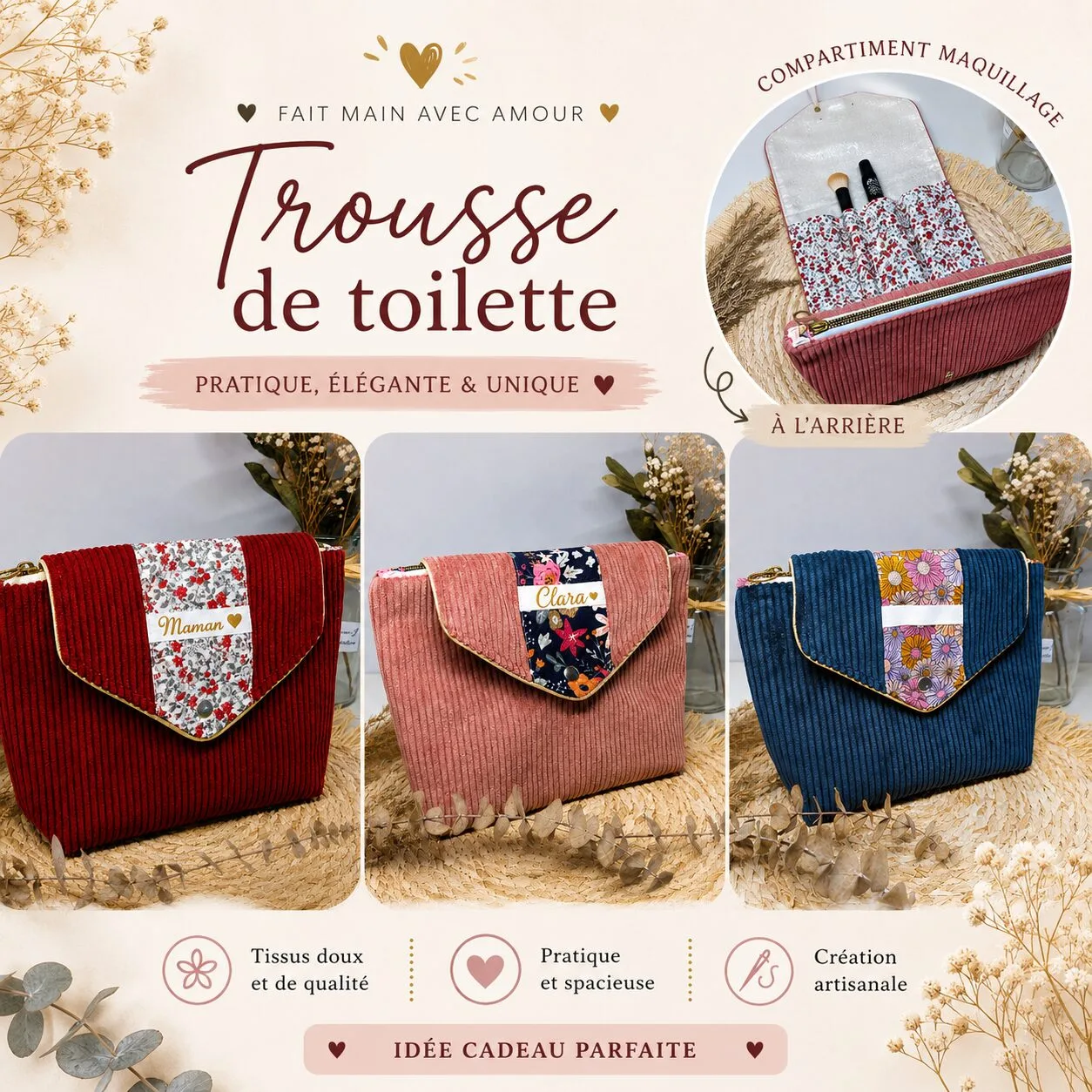 Trousse de toilette maquillage personnalisable – Compartiments pinceaux et crayons- Différentes coloris disponible