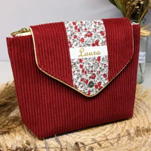 Trousse de toilette personnalisable en velours côtelé rouge bordeaux avec rangement pinceaux maquillage