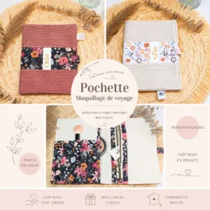 Pochette maquillage en velours côtelé et coton fleuri fait main
