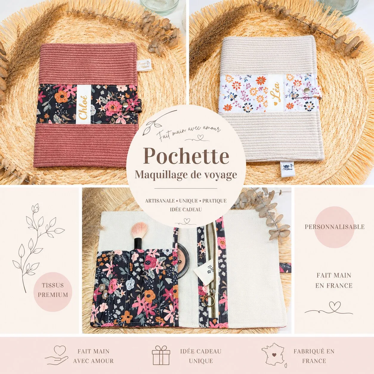 Pochette range maquillage de voyage personnalisable – Fait main – Différentes coloris disponible