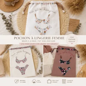 Pochon à lingerie femme fait main en coton vieux rose avec motif lingerie fleuri assortie