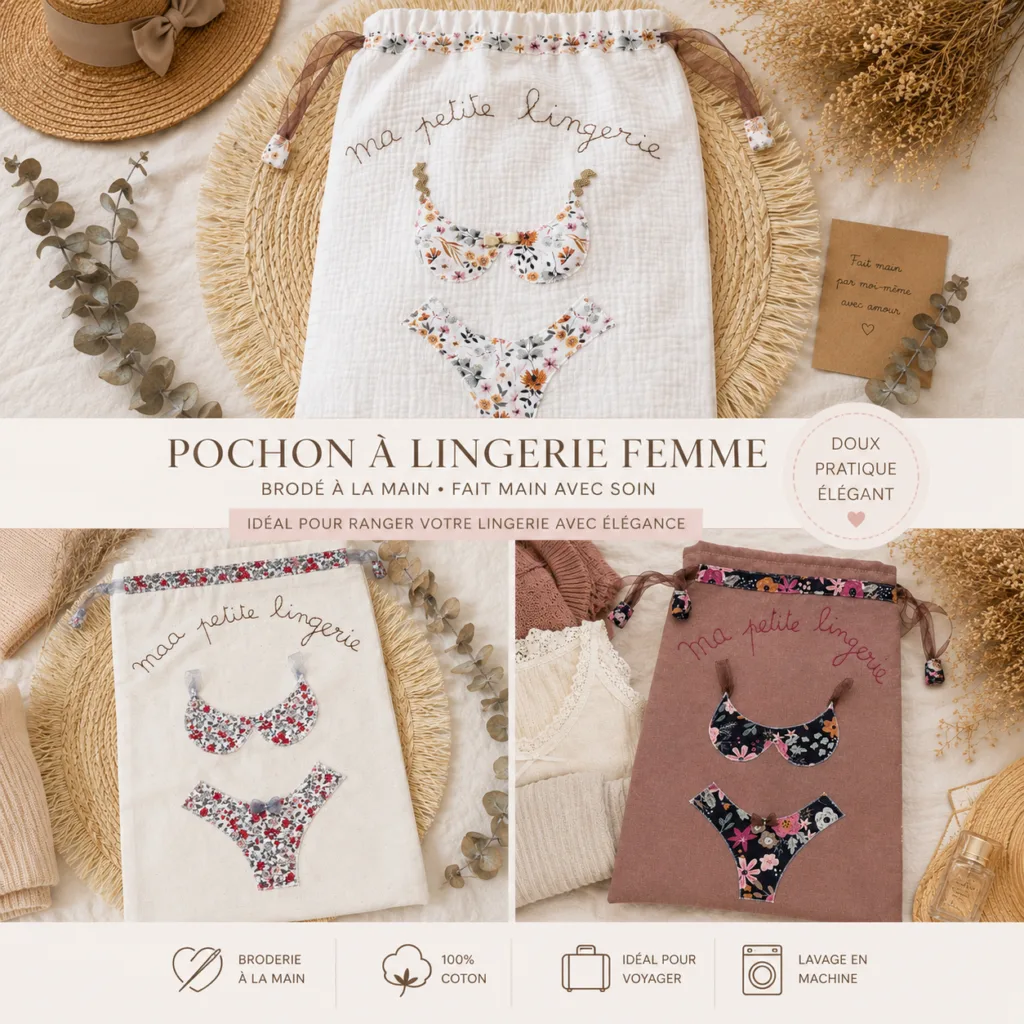 Pochon range sous-vêtement fait main, brodé à la main avec soin