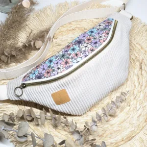 Sac banane en velours côtelé écru et coton fleuri multicolore