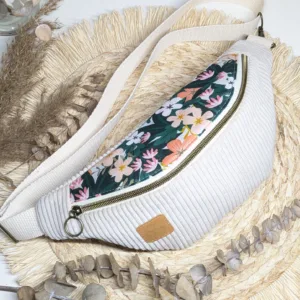 Sac banane en velours côtelé écru et coton fleuri vert et corail