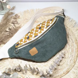 Sac banane en velours côtelé kaki et coton à motif géométrique moutarde