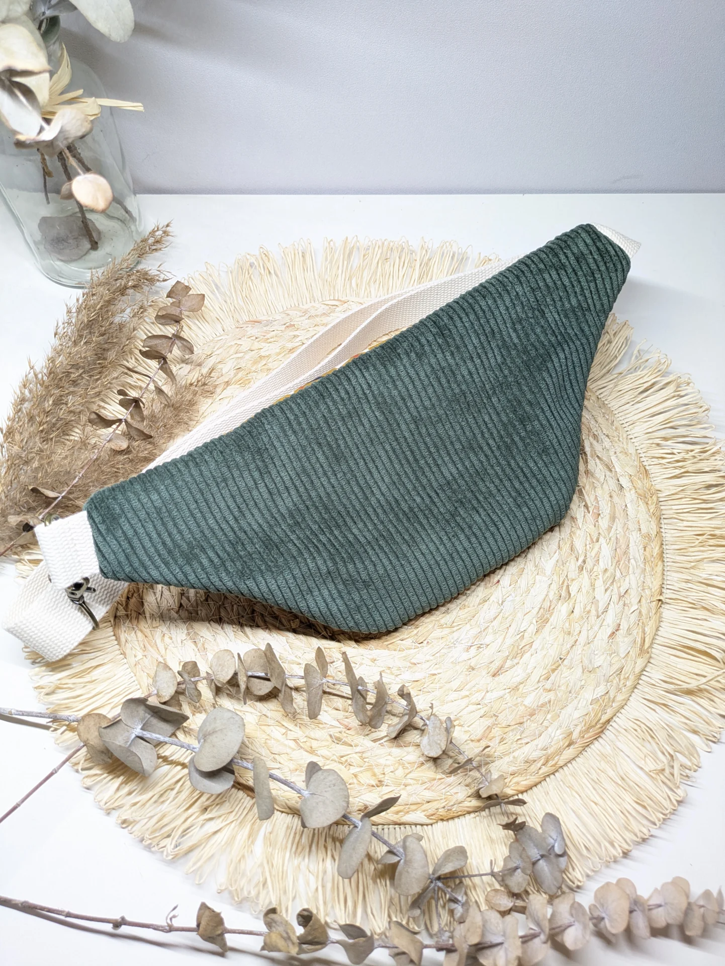 Sac banane en velours côtelé kaki et coton à motif géométrique moutarde