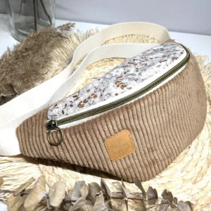 Sac banane en velours côtelé marron et coton fleuri beige et moutarde