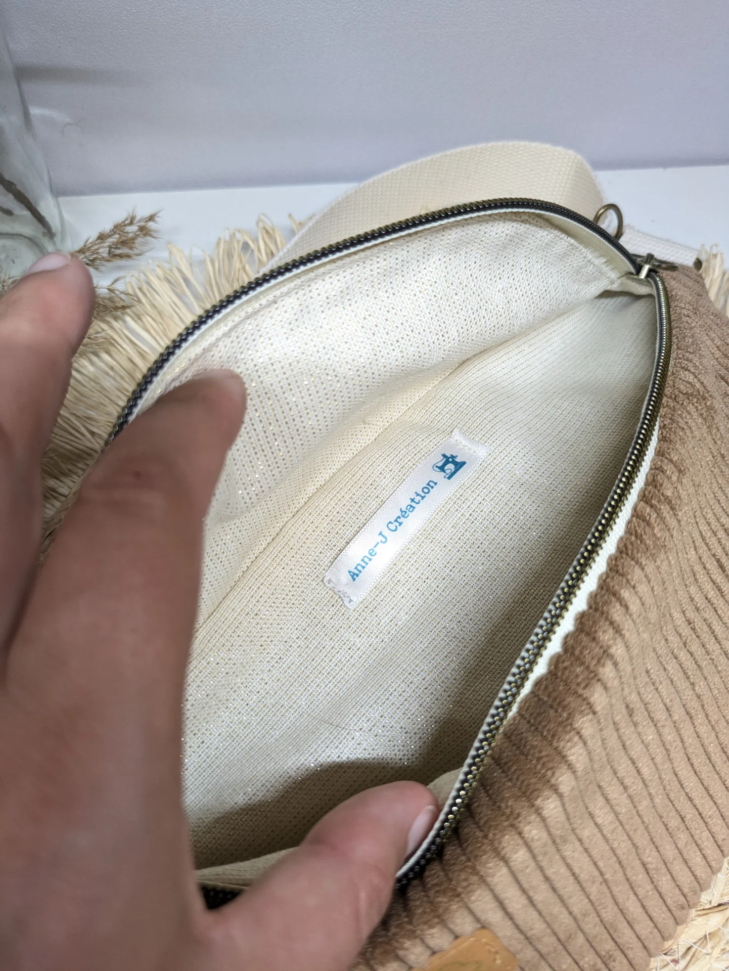 Sac banane en velours côtelé marron et coton fleuri beige et moutarde