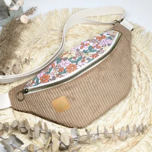 Sac banane en velours côtelé marron et coton fleuri kaki rose multicolore