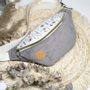 Sac banane en velours côtelé taupe et coton imprimé feuillage