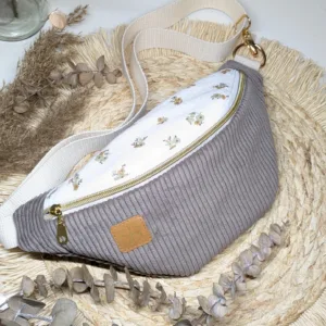 Sac banane en velours côtelé taupe et coton fleuri aux tons beige et vert