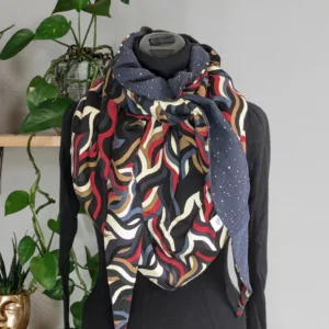 Chèche foulard écharpe fait main rouge bordeaux , marron et bleu à motif – Anne-J Création