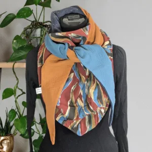 Chèche foulard écharpe fait main marron,terracotta et bleu à motif – Anne-J Création