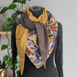 Chèche foulard écharpe fait main marron , moutarde à motifs géométrique – Anne-J Création
