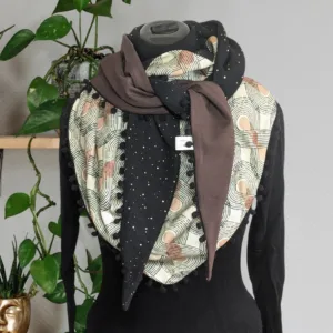 Chèche foulard écharpe fait main marron , crème écru et noir à motifs géométrique – Anne-J Création