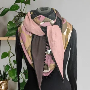 Chèche foulard écharpe fait main rose poudré et marron à motifs géométriques et pois dorés – Anne-J Création