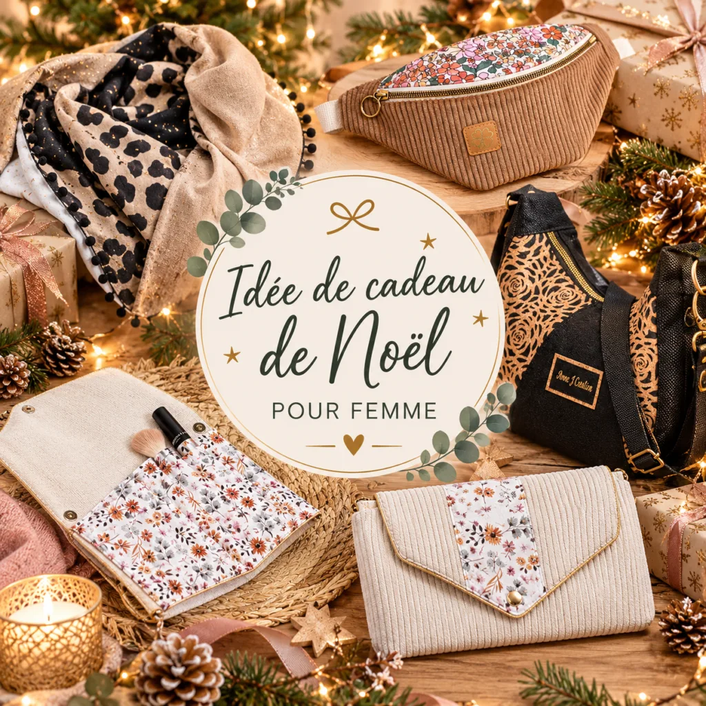 Idées de cadeaux de Noël pour femme avec accessoires artisanaux faits main : chèches, écharpes, doubles tour de cou, sacs banane, sac bandoulière, trousses de maquillage & Co.